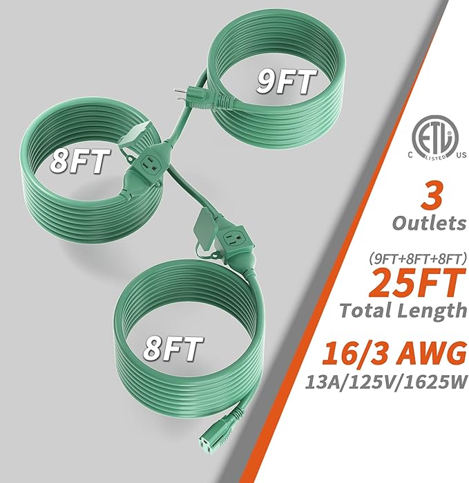 25 FT Green Outdoor Extension Cord with Multiple Outlets, 16/3 Gauge Outdoor Green Extension Cord Evenly Spaced 3 Outlets Plugs Waterproof, 13AMP 1625W 125V 16AWG SJTW, ETL Listed