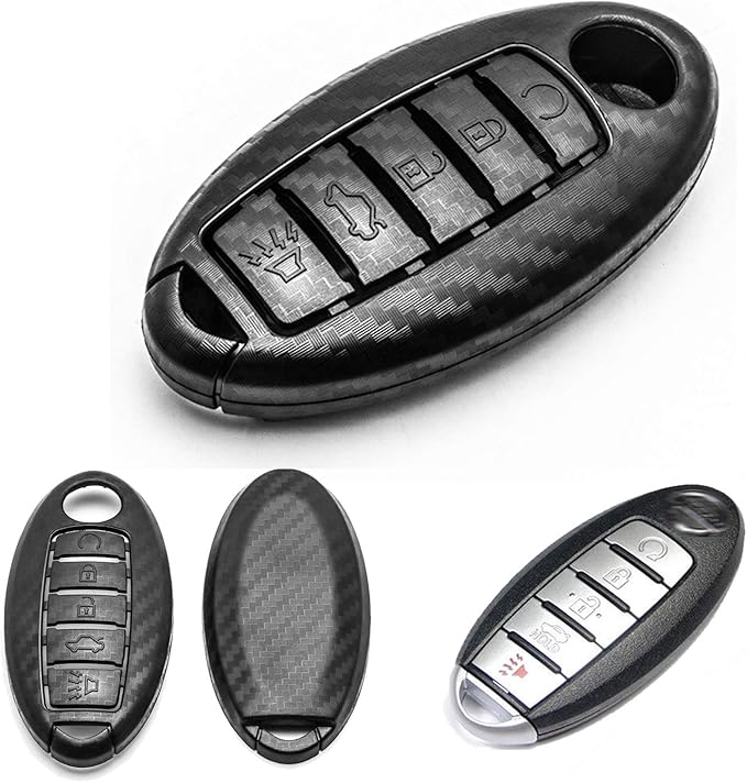 x xotic tech Matte Black Carbon Fiber Pattern ABS Key Fob Shell Cover Case, Compatible with Nissan Titan Altima GT-R 370Z Maxima Infiniti Q50 Q60 Q70 QX50 G37 5-Button Smart Keyless Entry Key