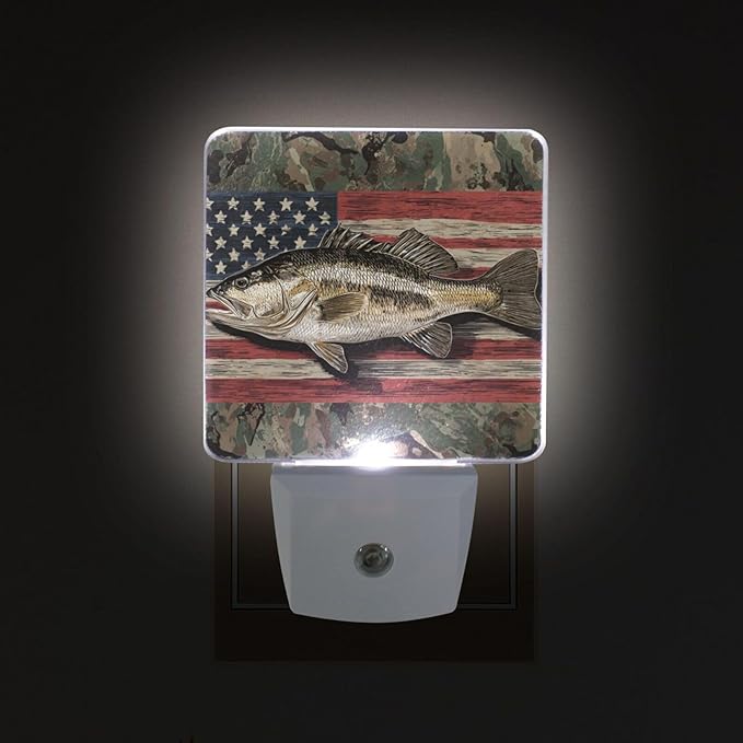 Camo Fish Night Light 2 Pack Dusk to Dawn Sensor Led Lamp for Women Retro American Flag Men Night Lights Plug into Wall Decor for Bedroom Kitchen Bathroom Corridor, 0.5W