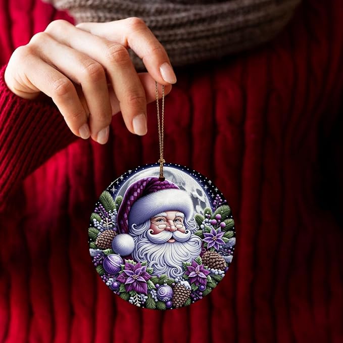 Merry Christmas Santa Claus Purple Christmas Ornaments, Christmas Decorations Xmas Tree Hanging Ornaments, Round Ceramic Festive Keepsake Gift for Xmas Decorations Holiday Home Decor