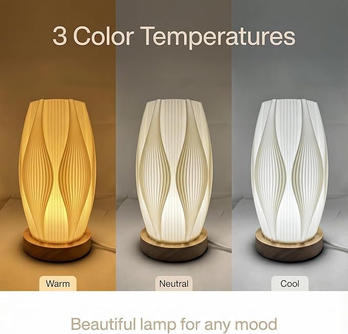 3D Printed Mini Lamp, Small Bedside Lamp with 3-Color Dimmable LED, Small Nightstand Lamp for Tight Spaces, Beautiful Lamp with Wooden Base - Helix