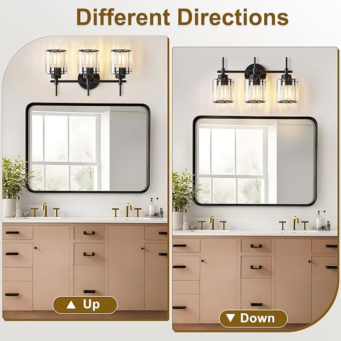 3 Light Crystal Vanity Light, Bathroom Lighting Fixtures Over Mirror Black Crystal Wall Light Bath Wall Lighting Modern Bath Wall Sconce Lighting for Bedroom Living Room