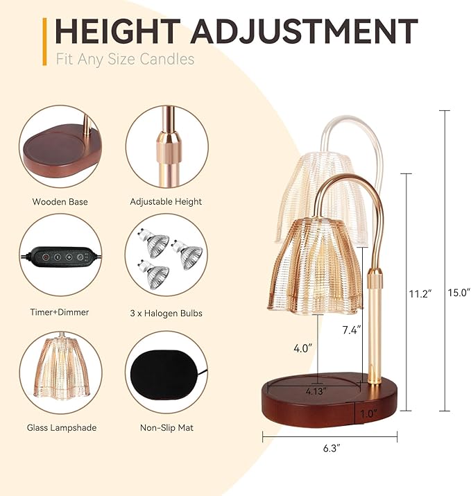 Candle Warmer Lamp with 3 Bulbs, Adjustable Height Dimmable Candle Warmer with Timer, Compatible with Large Jar Candles, Candle Lamp with Charming Gift Box Ribbon for Her/Him