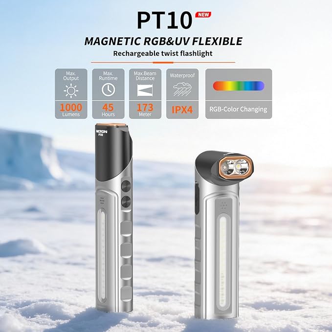 NICRON PT10 Rechargeable Flashlight, 1000 Lumens EDC Flat Flashlight with 90° Rotatable Head and Strong Magnet, 4 Modes White/UV/Warm/RGB, IPX4 Waterproof, Hands Free Flashlight for Camping, Emergency