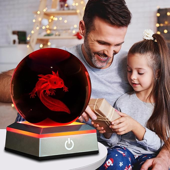 3D Axolotl Crystal Ball Night Light 3.15 inch Glass Ball Table Lamp with Color Changing Touch Base Axolotl Decor Ideal Gifts for Friends Kids Christmas Birthday