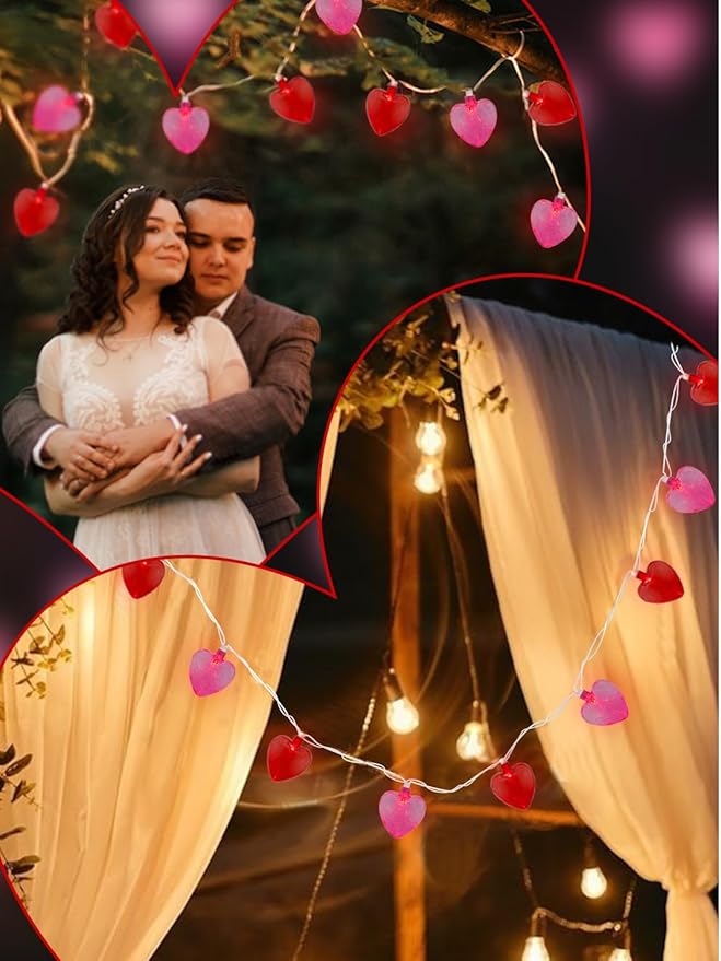 SUNSGNE Heart String Lights, 8.5Ft Valentines Lights with 10 LED Red and Pink Heart Bulbs for Indoor Outdoor Home Room Party Wedding Mother's Day Valentine's Decor