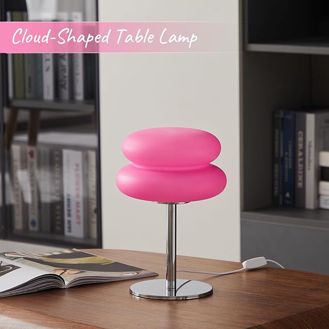 Pink Mushroom Lamp, Mid Century Modern Lamp for Nightstand, Dimmable Retro Egg Tart Bedside Lamps, Home Decor Ambient Lighting Aesthetic Cute Lamps for Bedroom Living Room (NOT Glass)
