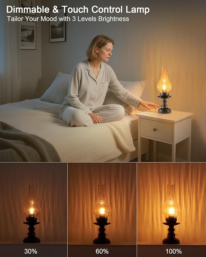 UMEXUS Vintage Rechargeable Cordless Table Lamp with Dimmer & Touch Control, Small Battery Powered Lights, Amber Hand-Blown Glass Retro Farmhouse Lamp for Bedroom, Living Room, Dining Table, Kitchen