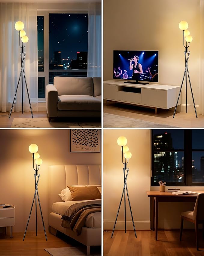 Lightdot Black Tripod Floor Lamp 3 Pole Vintage Standing Lamps with Stable Base& 3Pcs Globe 3000K Warmwhite Bulbs Included Mid Century Modern Floor Lamp for Living Room/Sofa Beside/Corner Decor