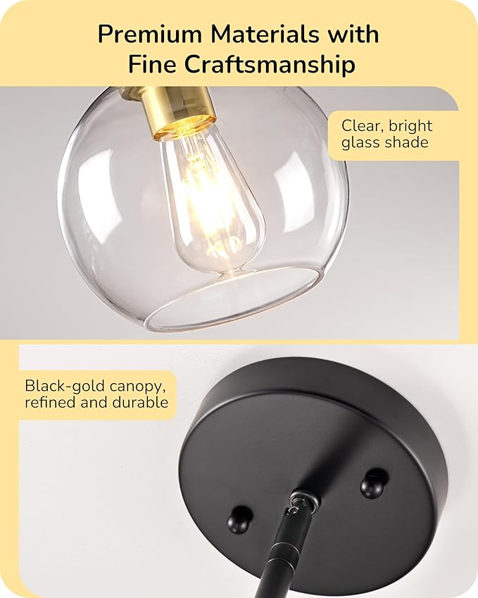 EDISHINE Mid Century Kitchen Pendant Lighting Over Island 2 Pack, Clear Glass Globe Shade, Hardwired Black and Gold Adjustable Hanging Light Fixtures for Dining Room, Entryway