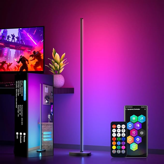 MIHEAL RGB Corner Floor Lamp, 57.5" Color Changing LED Corner Lamp with APP Control, Modern Standing Lamp with Music Sync and 16 Million DIY Colors, Heavy Base for Bedroom Living Room Gaming Room
