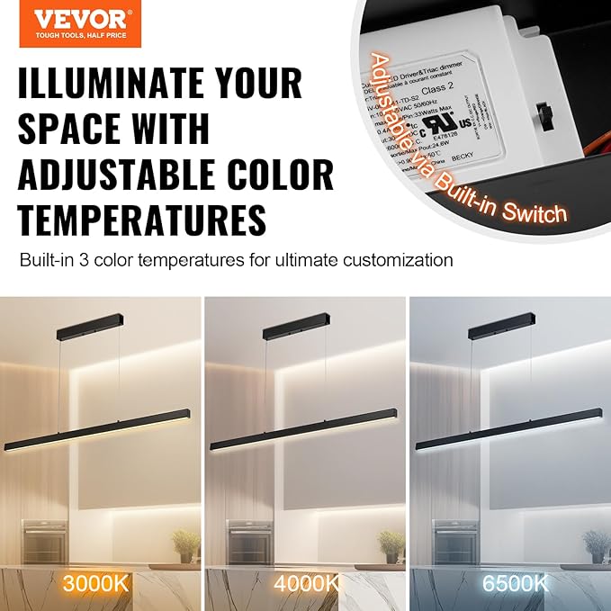 VEVOR Dimmable Linear Pendant Light, 20W, 47 in LED Linear Light Fixture Chandelier with Acrylic Lampshade 3000K / 4000K / 6500K Color Temperature Adjustable Height, for Dining Room Kitchen Island
