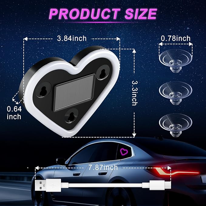 Car LED Interior Lights, Heart-Shaped Ambient Light for Windows, 5 Lighting Modes, Charging Through Type-c and Solar Energy, Car Decorations for Women Men, Pack of 1, (Pink)