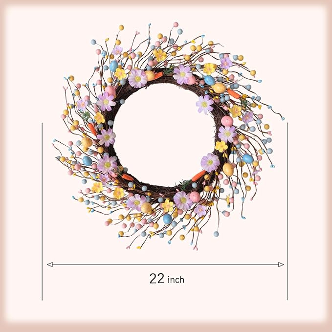 Idyllic 22 Inch Minimalist Fresh Easter Wreath with Easter Eggs Daisies and Carrot Decorations for Front Door Window Living Room Fireplace Easter Decor