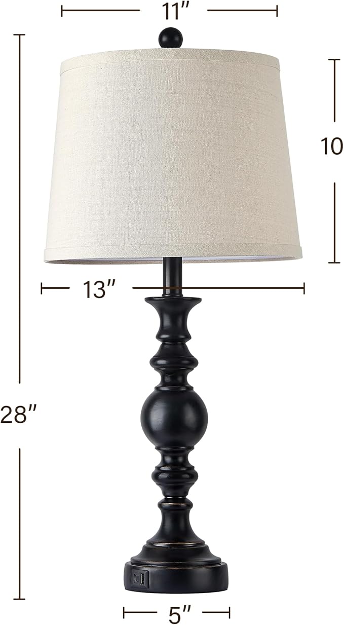 Farmhouse Lamp for Bedroom Set of 2, Table Lamp for Nightstand with Dual USB Charging Ports, 28" Table Lamps for Living Room, Bulb Not Included