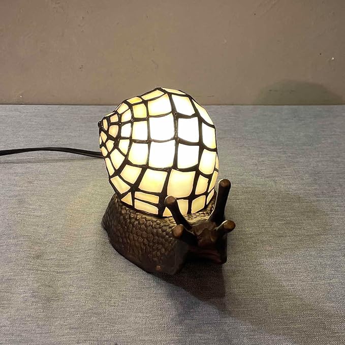Bieye L10988 Land Snail Tiffany Style Stained Glass Accent Table Lamp for Home Decoration (White, 10" D x 5" W x 5" H)