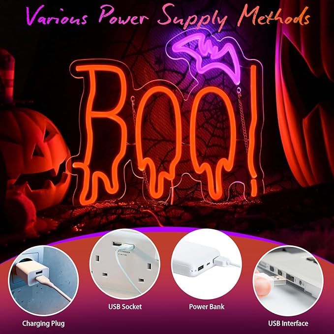 Halloween Neon Sign, Orange Purple BOO Bat Neon Light Up Sign for Halloween Party Decorations, Dimmable Neon Halloween Led Sign for Wall Decor, Spooky Boo Neon Sign for Trick or Treat Party Backdrop