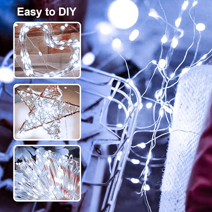 LED Fairy Lights Battery Operated 2Pack, White String Lights 16FT 50LED Silver Wire String Light Indoor Outdoor Waterproof Cuttable Starry Fairy Light for Bedroom Easter Halloween Christmas Decoration