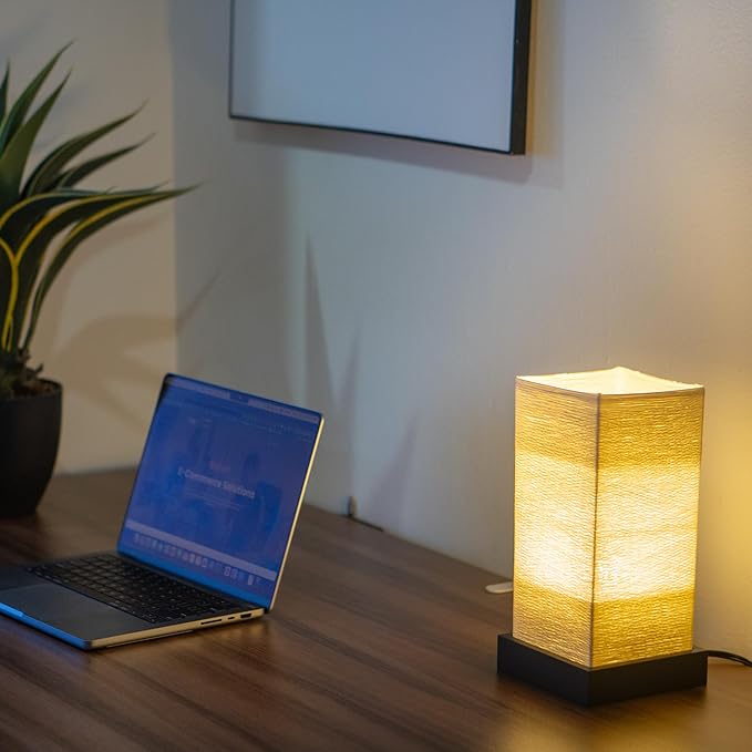 Dimmable Japanese Lamp Table Lantern • Small Warm Woven Glow Light • Nightstand Bedside Akari • Noguchi Style | UL Wire | Instructions + Lightbulb Included | (Ivory)