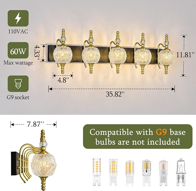Modern Crystal Bathroom Vanity Lights Fixtures Over Mirror Black Gold Vintage 5-Lights 36 Inch Bathroom Light Fixtures Glass Crystal Vanity Lights