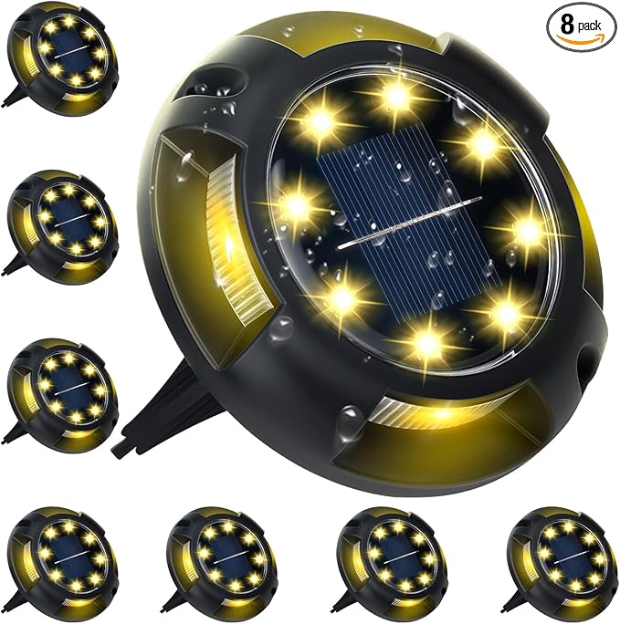 Solar Ground Lights, 8 Pack 12 LED Solar Disk Lights Outdoor Waterproof In-Ground Landscape Lighting for Garden Pathway Yard Lawn Patio Deck Driveway Walkway Outside Decor (Warm White)