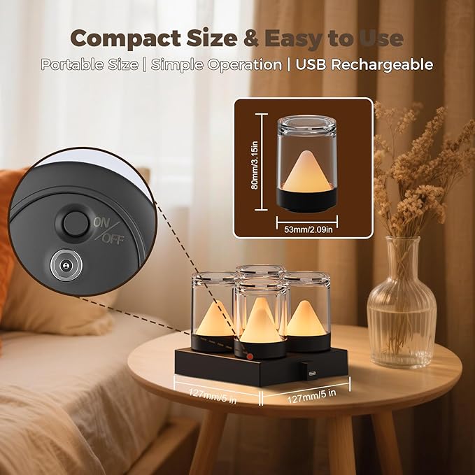 uuffoo Mini Rechargeable Night Lights with Charging Base | 4-Pack Small Table Lamps with 7 RGB Color Changing, Transparent Design, Portable for Bedroom, Living Room, Desks, Restaurant, Camping
