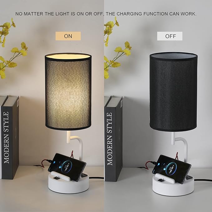 Dreamholder Table Lamp with 3 USB Charging Ports, Modern Desk Lamp with AC Outlet and Phone Stands, Perfect Bedside Lamp for Bedroom, Living Room, Office (Pack of 2), White&Black