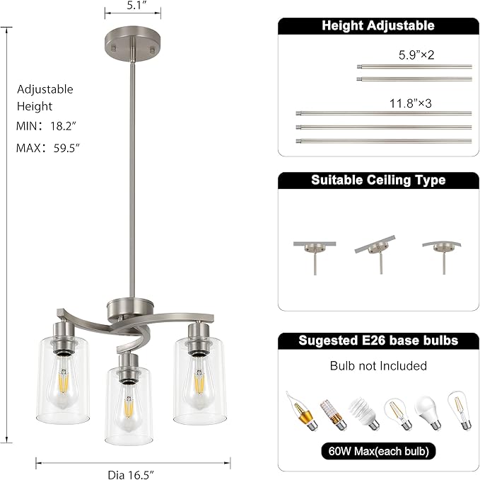 3 Light Brushed Nickel Dining Room Light Fixture,Modern Kitchen Chandeliers Over Table，Adjustable Height Industrial Hanging Pendant Lights for Kitchen Island with Glass Shade
