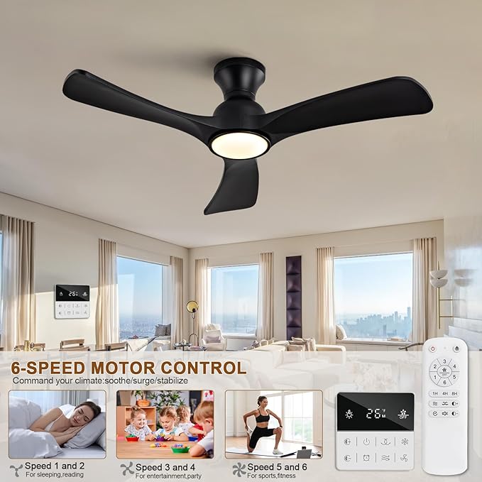 Black Ceiling Fans with Lights Flush Mount,42 inch Solid Wood,Remote Control,Wall Switch,Dimmable,Reversible,Noiseless,Power Off Memory Modern Ceiling Fan Low Profile for Bedroom Indoor/Outdoor
