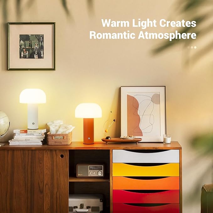 Cordless Mushroom Table Lamp Rechargeable,4000mAH Portable Battery Operated Lamp,3 Color Stepless Dimming Modern Lamps for Bedside Lamps,Touch Dimming Night Light for Home/Restaurant Orange