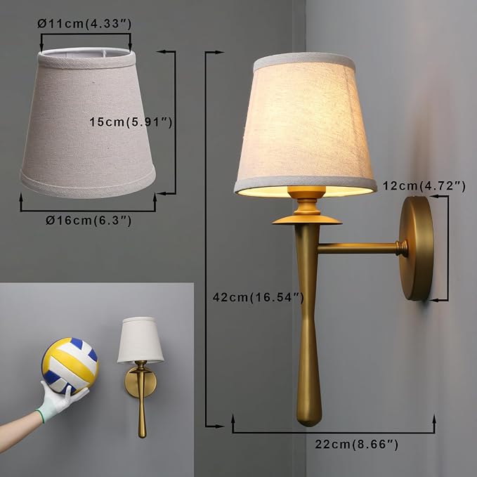 Yosoan Brass Gold Retro Boho Linen Fabric Wall Sconce Set of 2, Vintage Industrial Antique Indoor Hardwired Champagne Bronze Flared Fabric Shade for Bedroom Hallway Living Room