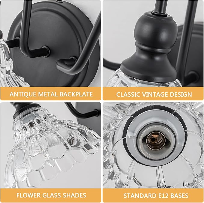 Vintage Bathroom Light Fixtures Over Mirror, 3-Light Black Wall Sconce Lighting with Flower Glass Shade, Farmhouse Vanity Lights for Bedroom Kitchen Living Room Hallway Light