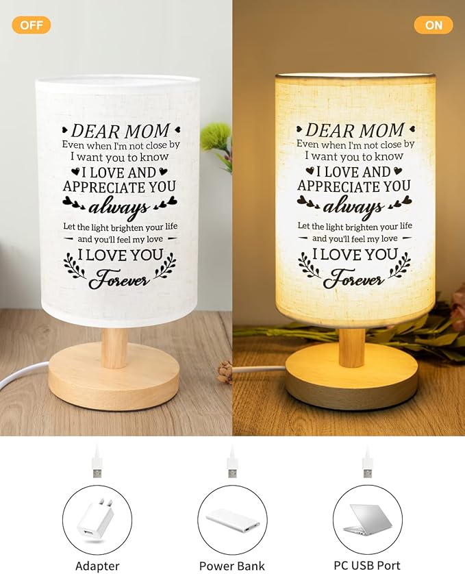 Gifts for Mom from Daughter Son, Moms Birthday Gift Fabric Lamp, Valentines Day Retirement Birthday Gifts for Mother Table Lamp with Wooden Stand, I Love You Mom Gifts