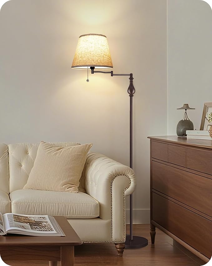 Vintage Floor Lamp with 350°Adjustable Swing Arm, 61” Mid-Century Modern Floor Lamp, Standing Pole Lamp with Pull Chain Switch, Antique Reading Lamp for Living Room, Bedroom, Rustic Brown VE13LD05