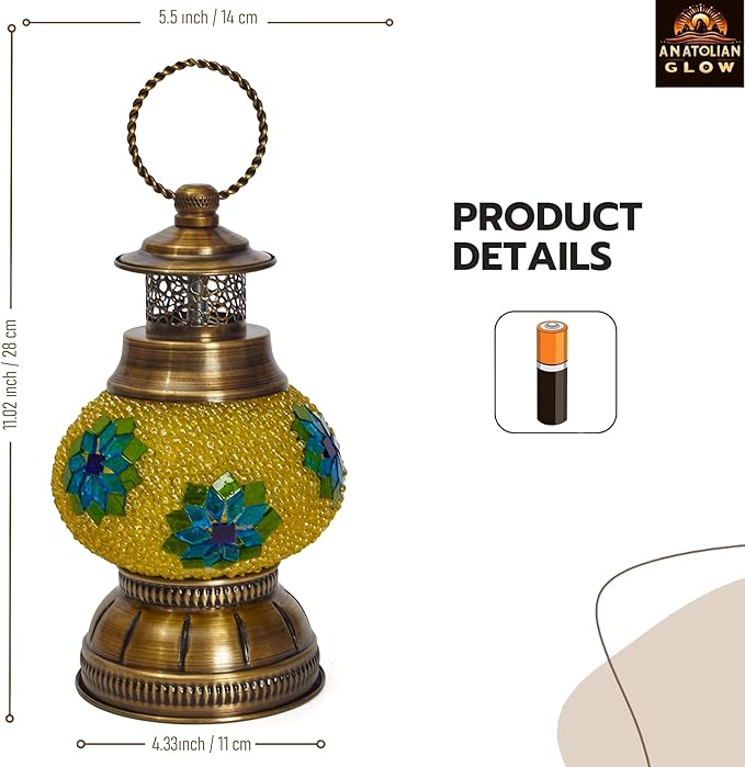 Portable Turkish Mosaic Lamp – Handmade Tiffany-Style Glass Light with Bronze Base and LED Bulb – Battery Powered Bedside Decor Lamp (Chamomile Pattern) – Globe Size 6.5"