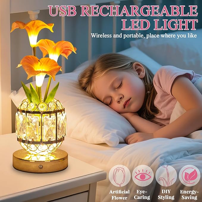 Flower Table Lamp, 3-Color Dimmable Artificial Flowers Night Light, Rechargeable Cordless Small Desk Lamp, Morning Glory with Crystal Vase for Party Date Home Decoration (Pink - Morning Glory)