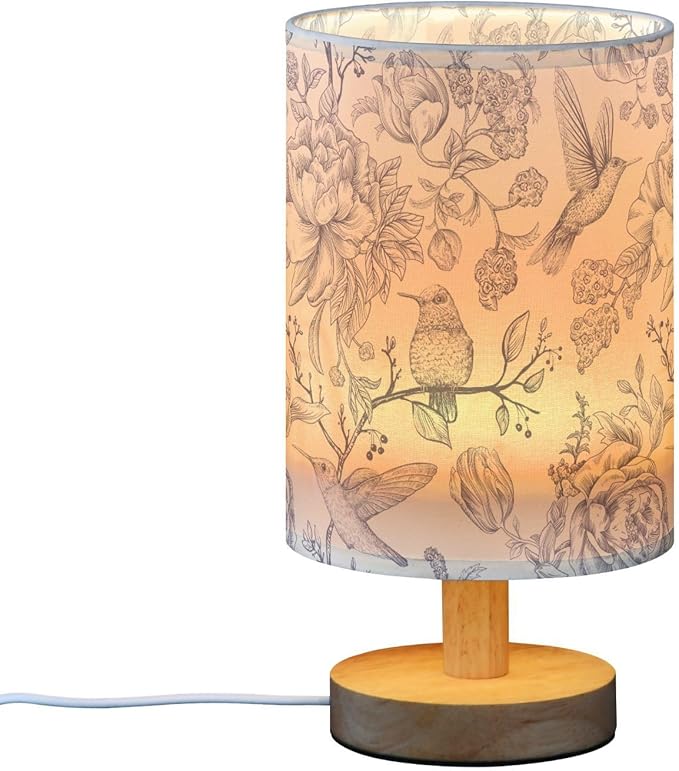 Bedside Table Lamp Vintage Birds Flowers Florals Nightstand Lamp with Wood Desk Lamps for Bedroom Living Room Nursery Office Home Decor
