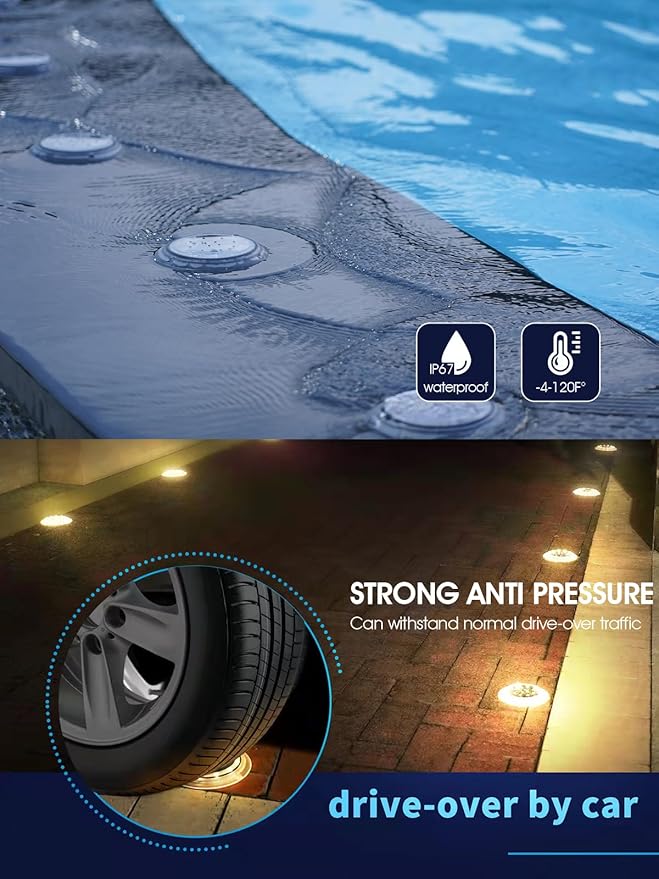 Solar Dock Lights, Bright Disc LED Outdoor Waterproof, Anti-Slip & Anti-Trip Flat Low Profile for Marine, Deck, Ground, Pool, Pier, Pathway, Step (Warm White, 2Pack)
