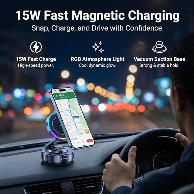 Vacuum Magnetic Phone Charging Holder Mount 15W Fast Wireless Charger for Car Magsafe 360° Adjustable Phone Holder with Nano Gel Suction Cup for iPhone 12-17 Pro Max (K5S)