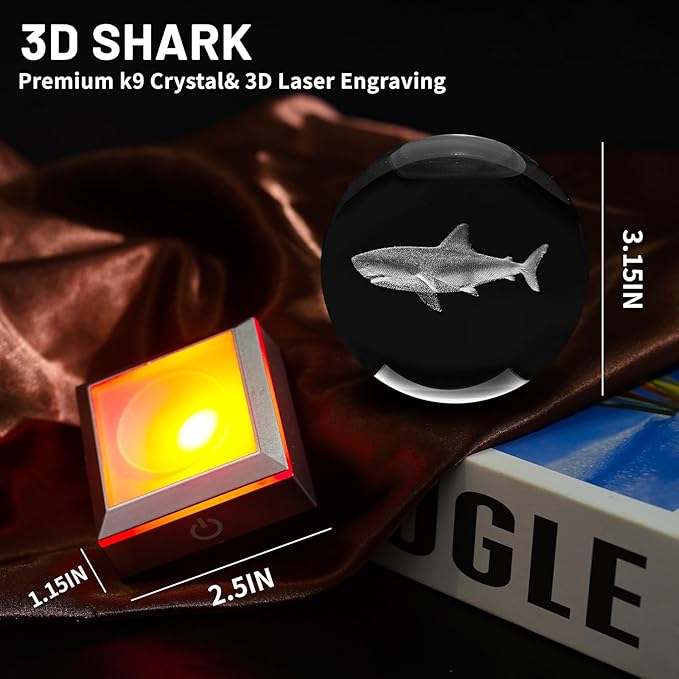 3D Shark Crystal Ball Night Light with LED Colorful Touch Base 3.15 Inch Shark Figurines Glass Sphere Lamp for Birthday Christmas, Cool Shark Home Table Lamp Decor Gifts for Boys Kids Teens Women