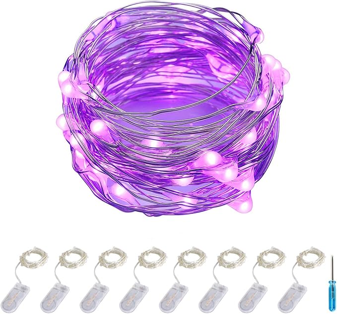 ITART Purple LED String Lights Battery Powered Set of 8 Mini Fairy Lights 20 LED 6ft Thin Wire Rope Lights for DIY Craft Mardi Gras Carnival Halloween Centerpiece Decoration