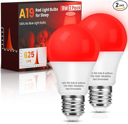 Red Sleep Light Bulbs: A19 9W 625nm Red Light Bulbs for Sleeping, 100% Blue Light Blocking Dim Light Bulbs 60W Equivalent, E26 LED Bulbs for Mood Soothing, Bedroom and Baby Nursery, 2 Pack