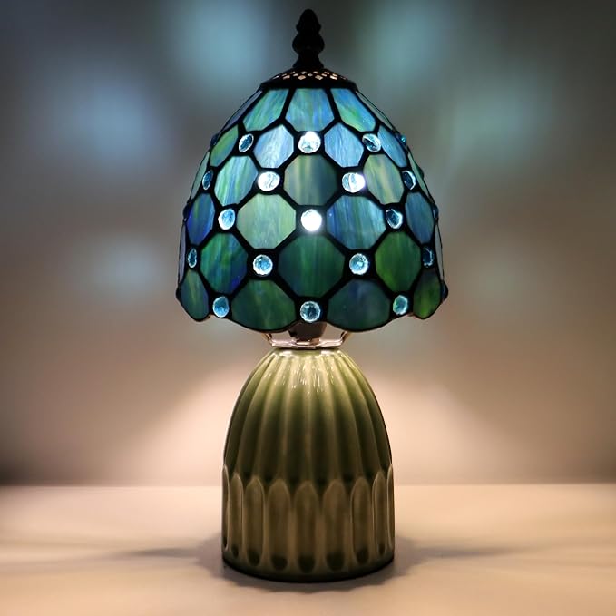 Tiffany Lamp Stained Glass Mushroom Table Lamps 6X6X12.5 Inch Sea Blue Pearl Style Small Night Light Ceramic Base Mini Accent Desk Light Suitable for Bedside Table Bedroom Children Room