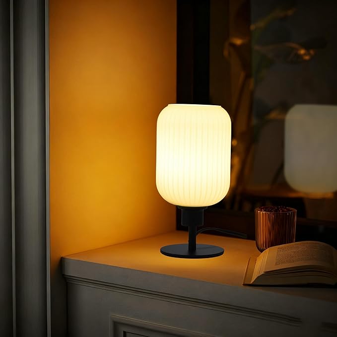 Mid Century Glass Table Lamp,Dimmable Desk Lamp,LED Bulb Included,Remote RGB Color Changing,White Ribbed Glass