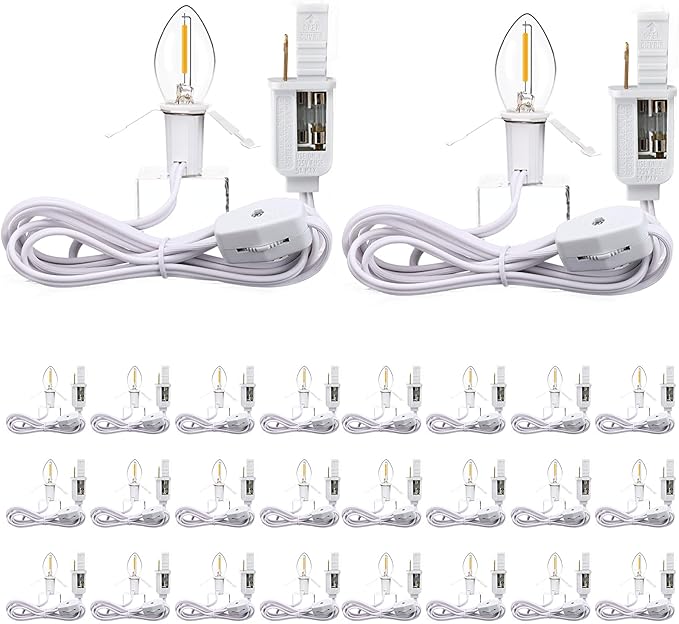 Enhon 26 Pack C7 Accessory Cord with LED Bulb, Each 6 ft Blow Mold Light Cords with On/Off Switch for Christmas Village House Halloween Pumpkin Holiday Ceramic Tree and Craft Projects