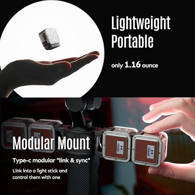 Harlowe Atom 2W Magnetic Mini Camera Light Compatible with DJI Osmo Action/GoPro/360/Cameras Motion Sensing Type-C Rechargeable Auxiliary Camera Fill Light for Selfie Vlog Video Recording