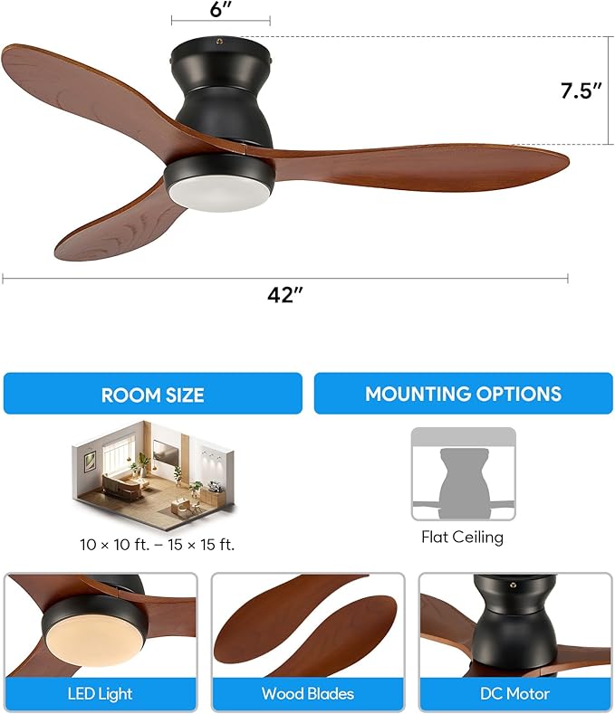 VONLUCE Ceiling Fans with Lights, 42 Inch Ceiling Fan and Remote, 6-Speeds Noiseless Reversible DC Motor, 3CCT, Wood Ceiling Fan for Farmhouse Bedroom Indoor Outdoor, Black