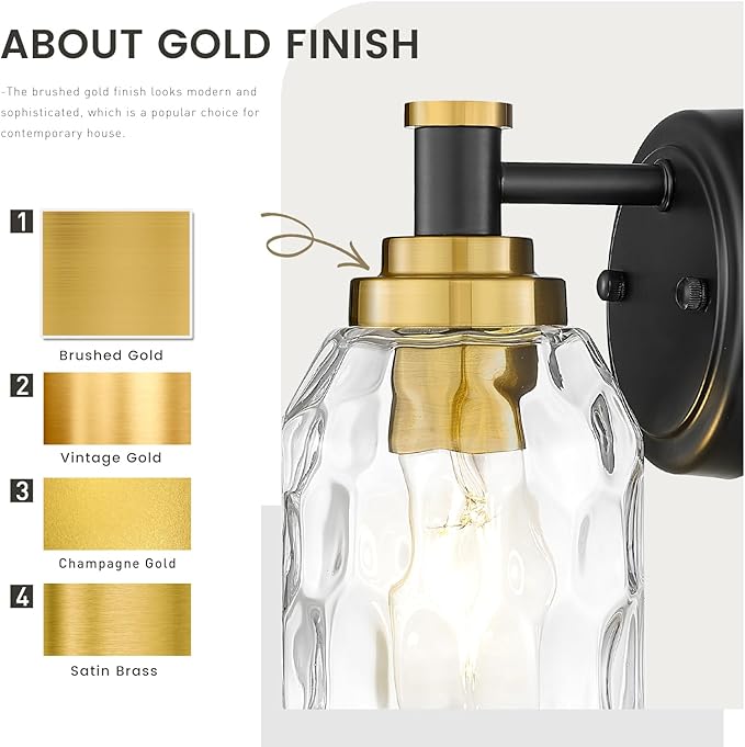 zeyu Wall Sconces Set of 2, 1-Light Bathroom Light Fixtures, Modern Vanity Light Wall Lamp with Water Ripple Glass Shade, Black and Gold Finish, ZG33B-2 BK+BG-WG