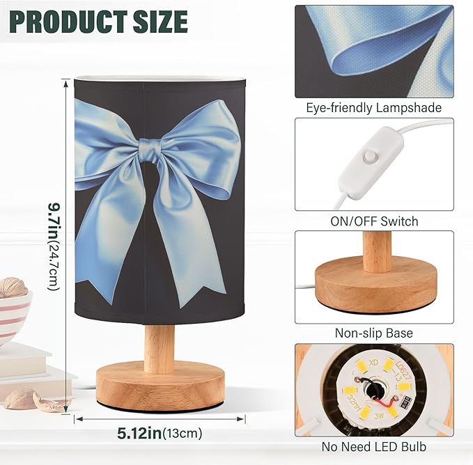 Light Blue Bow Ribbon Table Lamp with Wood Base Fabric Lamp Shade Bedside Nightstand Desk Lamp for Living Room Bedroom Kids Room Office