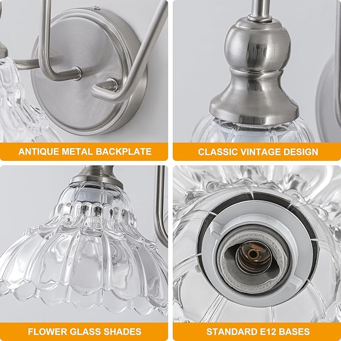 Vintage Bathroom Light Fixtures Over Mirror, 3-Light Brushed Nickel Wall Sconce Lighting with Flower Glass Shade, Farmhouse Vanity Lights for Bedroom Kitchen Living Room Hallway Light